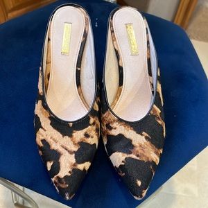 Louise et Cie animal print calf hair mules heels